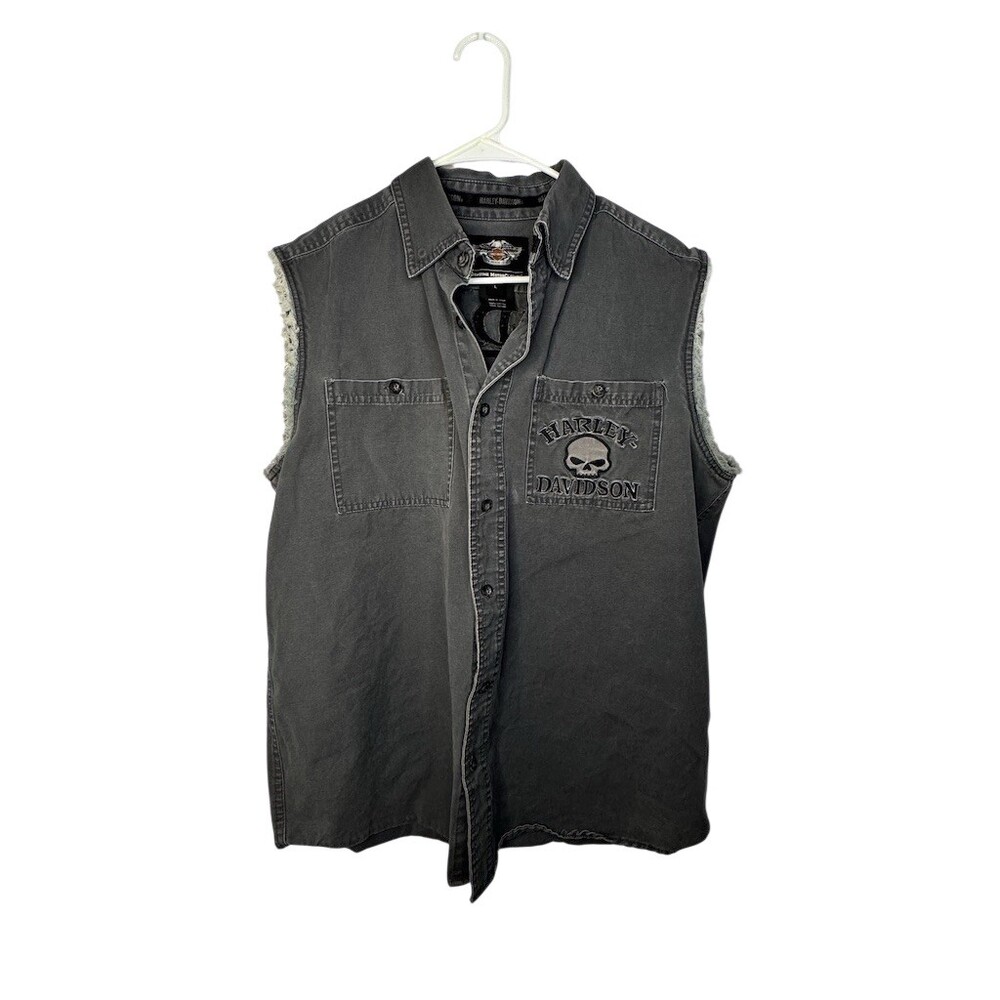 Harley-Davidson Sleeveless Button-Up Shirt Mens L Gray Willie G Skull Logo
